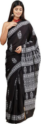Clothonus Printed Handloom Pure Cotton Saree(White, Black)