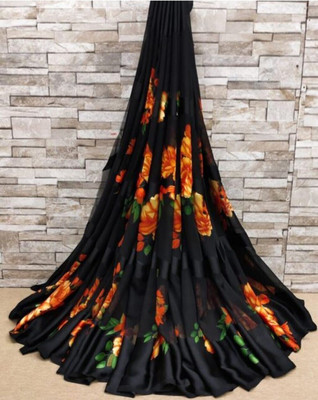 Bombey Velvat Fab Printed, Solid/Plain Kalamkari Crepe, Chiffon Saree(Black, Orange)