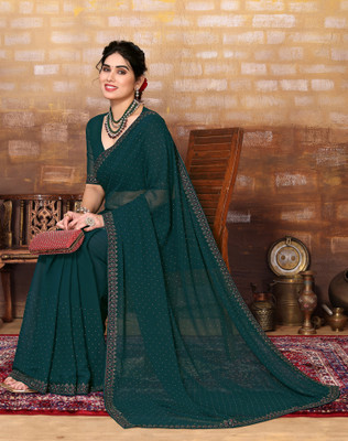 SIRIL Dyed, Self Design Bollywood Georgette Saree(Dark Green)