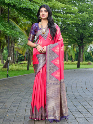 Gariya Fab Self Design Banarasi Cotton Blend Saree(Pink)