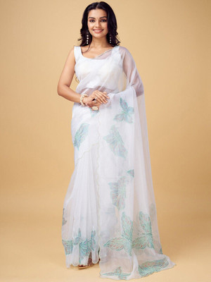 ANOUK Embellished Saree with Attached Blouse Organza Saree(White)