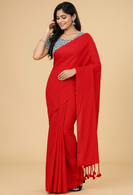 SMRITI HANDLOOM Solid/Plain Handloom Handloom Pure Cotton Saree(Red)