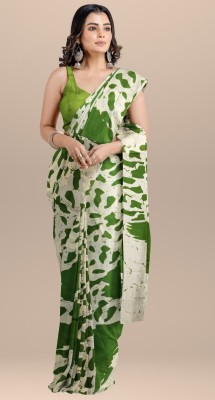 Shivay Textiles Printed, Blocked Printed, Hand Painted Handloom Pure Cotton Saree(Green, Cream)