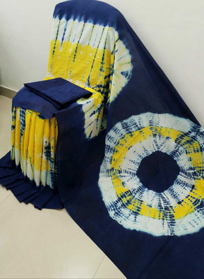 SUNDREESAREE Blocked Printed, Color Block, Floral Print, Printed Ikkat Pure Cotton Saree(Blue, Yellow)