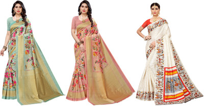 ANIRAV Printed Bollywood Art Silk Saree(Pack of 3, Light Green, Pink, Cream)
