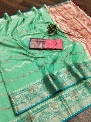 KRIYANSH Self Design, Woven, Printed, Solid/Plain, Applique Banarasi Cotton Blend, Jacquard Saree(Light Green)