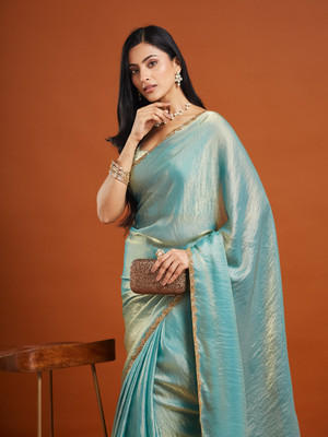 QVIDYA Embellished Bollywood Silk Blend, Organza Saree(Light Blue)