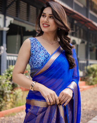 Satrani Woven, Embellished Mangalagiri Chiffon Saree(Blue)