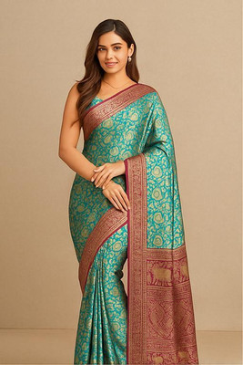 Dhyani Weaves Woven, Floral Print, Animal Print Banarasi Cotton Silk Saree(Green, Brown)