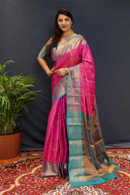 ALPENIKA Embellished Kanjivaram Jacquard, Silk Blend Saree(Pink)