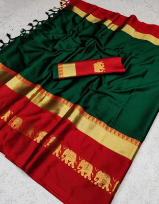 MoonTextile Animal Print Assam Silk Cotton Silk Saree(Dark Green, Red)