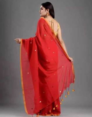 Sampa Das Solid/Plain Handloom Pure Cotton Saree(Red)