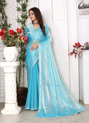 Qviday Self Design Bollywood Silk Blend Saree(Light Blue)