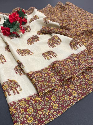 Kjs Printed Kalamkari Cotton Blend Saree(Multicolor)