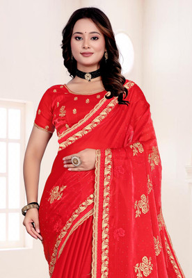LADY MOR Embroidered Bollywood Jimmy choo Saree(Red)