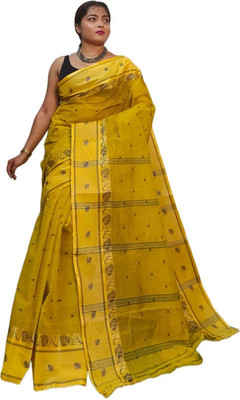 HouseOfCommon Floral Print, Printed, Woven Jamdani Cotton Silk Saree(Yellow)
