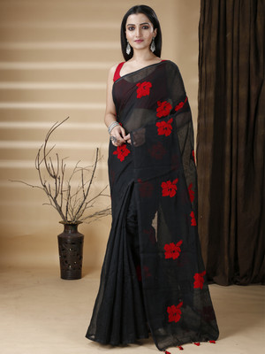 Ruuprekha Embroidered Bollywood Cotton Blend Saree(Black)