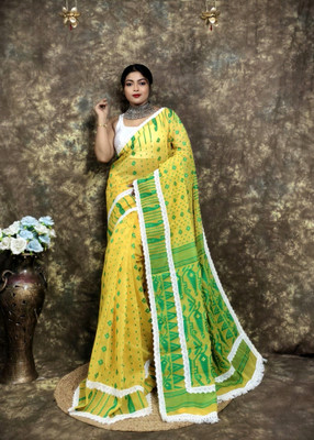 RIDDHIMAN FASHION Woven Jamdani Cotton Silk Saree(Yellow, Green)