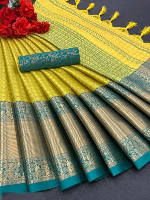 KanjiQueen Woven Narayanpet Pure Silk, Cotton Silk Saree(Yellow, Light Green)