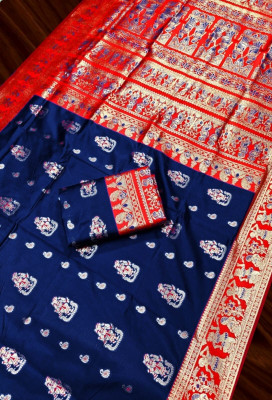 SONGITASAREE Woven Baluchari Silk Blend Saree(Dark Blue)