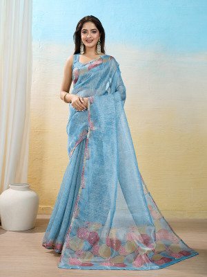 Divastri Digital Print, Printed, Embellished Bollywood Organza Saree(Blue)