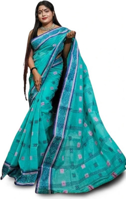 HouseOfCommon Self Design Tant Pure Cotton Saree(Light Blue)