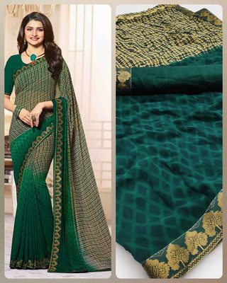 MEETVIN COUTURE Printed, Self Design, Digital Print, Embroidered, Floral Print, Solid/Plain Bollywood Georgette, Chiffon Saree(Dark Green)