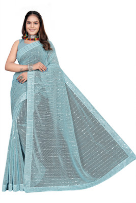 miracletex Applique Bollywood Net Saree(Dark Blue)
