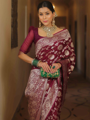 ZILVIRA Woven Banarasi Pure Silk, Silk Blend Saree(Maroon)