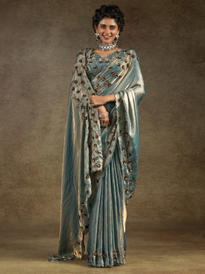 Sareemall Embellished Bollywood Satin Saree(Blue, Gold)
