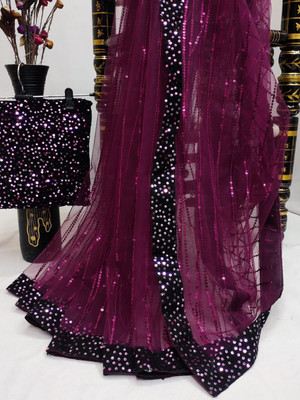 JASHALFAB Embellished Daily Wear Net, Velvet Saree(Purple)