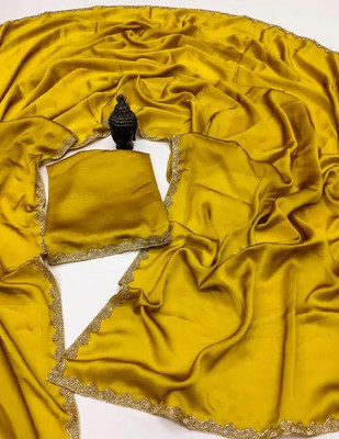 NIRLOBH Solid/Plain Bollywood Silk Blend Saree(Yellow)