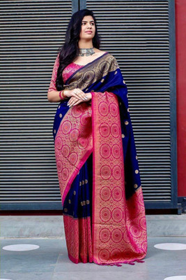 Exotic clothingg Woven, Self Design, Temple Border Banarasi Pure Silk, Jacquard Saree(Dark Blue, Pink)