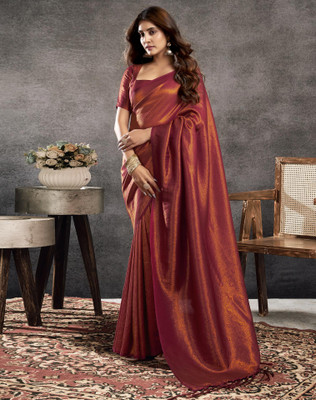Tasrika Woven, Embellished Kanjivaram Jacquard, Silk Blend Saree(Maroon, Gold)
