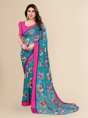 Moda Rapido Floral Print Bollywood Georgette, Satin Saree(Blue)