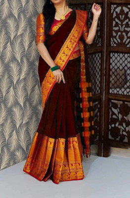 Magneitta Striped Kanjivaram Cotton Silk, Tissue Saree(Maroon)