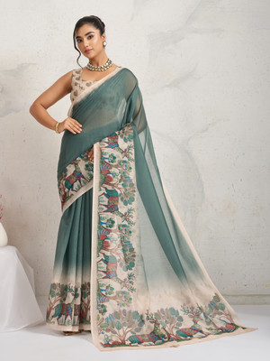 Rachna Printed Bollywood Cotton Blend Saree(Green)