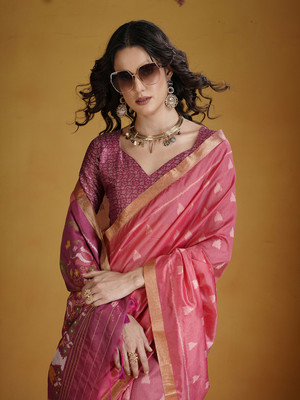 Eeza Woven, Printed Handloom Silk Blend Saree(Pink)