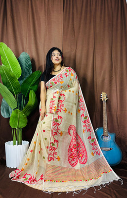 Pasum's Self Design, Embroidered, Woven, Floral Print Jamdani Cotton Silk Saree(Red, Green)
