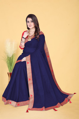 GAVUBAA Temple Border Daily Wear Net Saree(Dark Blue)