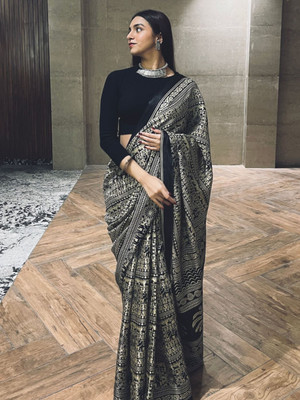 RadhikaFashion Woven, Floral Print, Geometric Print Bollywood Silk Blend, Satin Saree(Black)