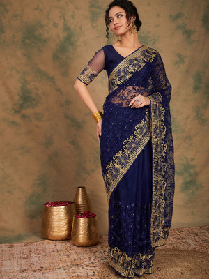 manvaa Embroidered Bollywood Net Saree(Dark Blue)