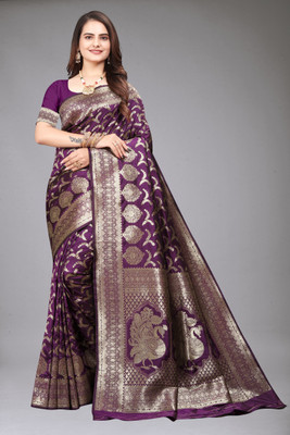 THE ETHNIC SAREE STUDIO Temple Border Kanjivaram Pure Silk Saree(Purple)