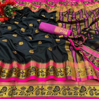 YAANAA FASHION Self Design Kanjivaram Handloom Cotton Silk Saree(Black)