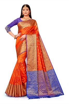 Parrh enterprise Woven Banarasi Silk Blend Saree(Orange)