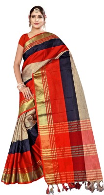 Suntex Striped Maheshwari Art Silk Saree(Beige)