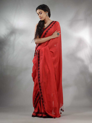 Shree Hari Self Design Handloom Cotton Blend Saree(Red)