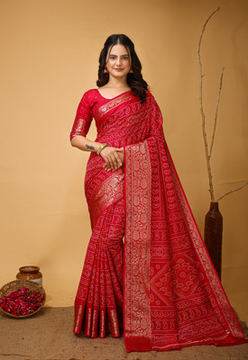 Varda Woven, Self Design Bandhani Cotton Silk Saree(Dark Blue)