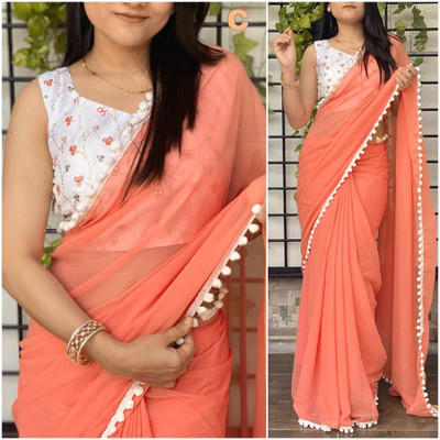 HouseOfCommon Solid/Plain, Self Design Bollywood Viscose Rayon Saree(Orange)