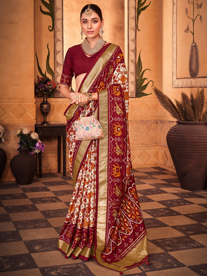 Divastri Woven Bandhani Silk Blend Saree(Cream)